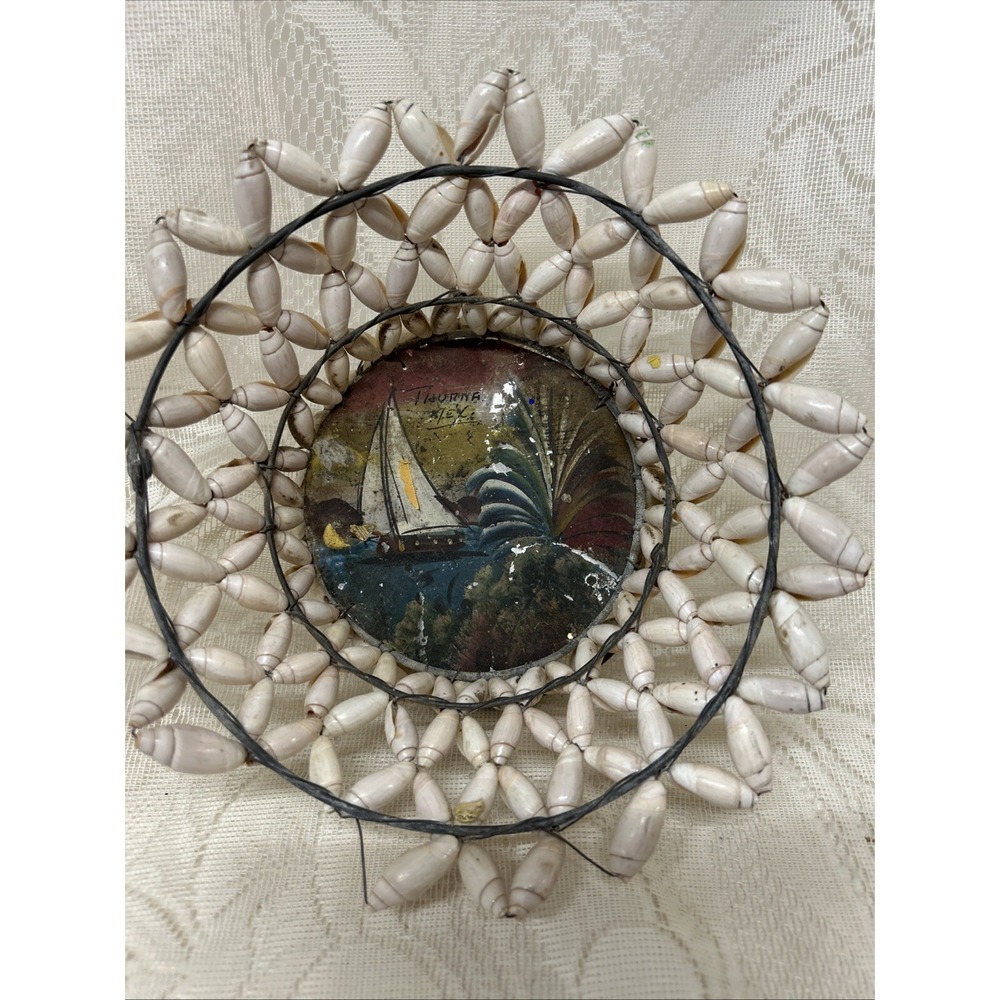 Vintage Antique Snail Shell Basket Souvenir Tijuana Mexico  Hand Painted Metal